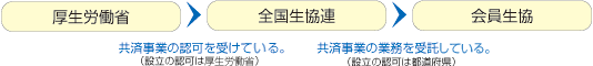 厚生労働省→全国生協連→会員生協　共済事業の認可を受けている。（設立の認可は厚生労働省）共済事業の業務を委託している。（設立の認可は都道府県）